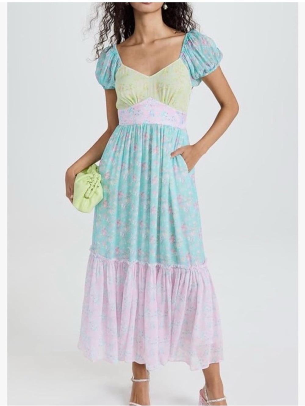 LoveShackFancy Mint Floral V-Neck Dress with Pink & Yellow Accents